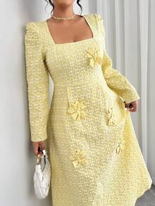 Elenzga 大码女式U领羊腿袖纹理面料A字优雅连衣裙 - 黃色 - 查看 6