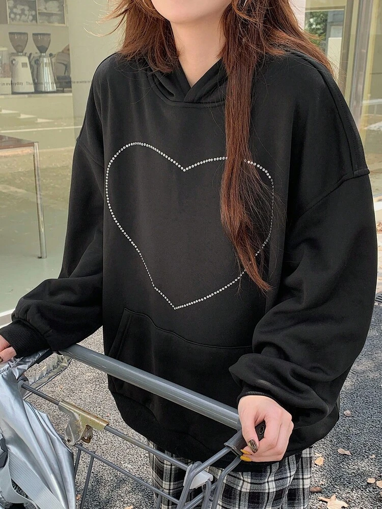 Autumn/Winter Loose Casual Street Style Office Wear Sweatshirt, Shiny Rhinestone Heart Pattern Fashion Sweatshirt For Women