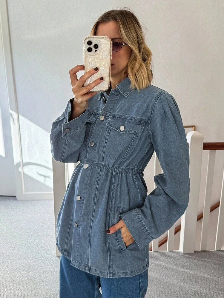 Livesso Women's Loose Vintage Distressed Long Sleeve Denim Shirt With Pockets - Blue - View 6