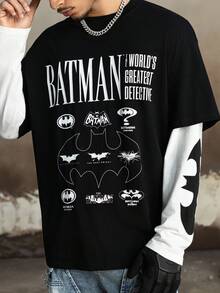 BATMAN X SHEIN 男式字母蝙蝠印花拼色长袖二合一T恤 - 黑與白 - 查看 6