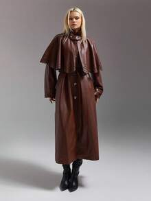 SHEIN ICON Women's Solid Color Single-Breasted Long Sleeve PU Leather Loose Long Jacket, Autumn Rust Brown Coat