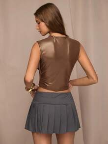 SHEIN BAE 女式秋季时尚街头时尚 PU 皮革不对称下摆褶饰修身吊带背心 - 棕色 - 查看 2