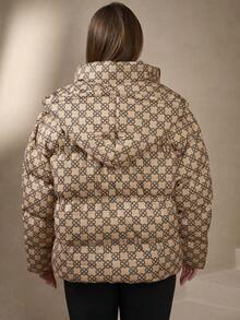 Chikora Plus Size Women Floral Pattern Long Sleeve Fashionable Thick Hooded Padded Coat Women's Winter Fall For Women Fall For Women Halloween Costumes Christmas Women's New Year Thanksgiving For Women Outerwear Women Coats For Women Women Winter Coats Women Puffer Coat Coats For Women Luxury For Women - Khaki - View 3