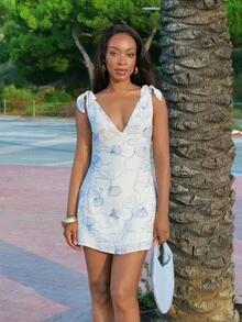 Yess Loren Seashell Embroidered White/Blue Sleeveless Tie Strap Low Back Summer Mini Sun Dress, Summer Outfits For Women, Beach Outfits For Women - White - View 1