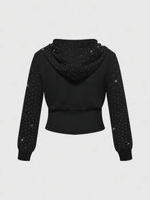 ROMWE Áo nỉ đen in chữ và hình đầu lâu đính đá màu hồng theo phong cách Gothic, áo khoác nỉ đen thời trang đường phố cỡ lớn dành cho nữ, áo nỉ dài tay cỡ lớn dành cho nữ, áo nỉ mùa đông cỡ lớn dành cho nữ - màu đen - Xem 2