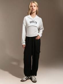 Hanevo 3pcs/Set Teen Girls Casual Loose Letter Graphic Hoodie, Knit Camisole And Green Knit Cargo Pants, Suitable For Spring, Autumn And Winter - Black - View 3