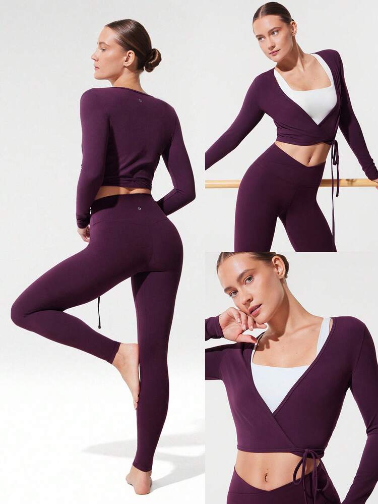 FeFeatherFit™ Tie Waist Wrap V Neck Cropped Long Sleeve Top Low Impact Yoga Pilates Daily