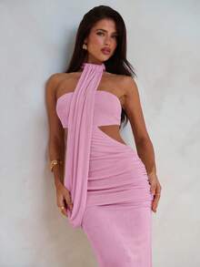 Aloruh Light Pink Women's Wrap Asymmetric Flowy Maxi Mermaid Bodycon Dress,For Vacation,Party,Dating - Baby Pink - View 7