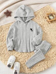 2 pezzi Set tuta da bambina con felpa con cappuccio termica a costine e pantaloni spessi e caldi, con ricamo di pony, adatto per l'inverno - Grigio - Visualizzare 2