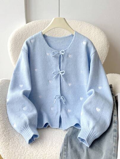 SHEIN كارديجان بوكيه نقطي بأكمام طويلة وياقة دائرية مريح وكاجوال للفتيات المراهقات، ملابس موسم العودة إلى المدرسة للخريف والشتاء للنساء