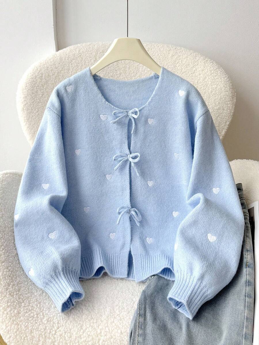 SHEIN 青少年女孩宽松休闲简约舒适圆领长袖蝴蝶结波尔卡圆点开衫,返校季秋冬女装 - 藍色 - 查看 1
