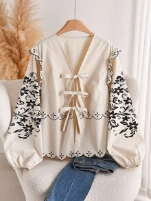 CosyJoli Plus Size Casual Bowknot Strap Open Front A-Line Ruffle Embroidered Floral Print Shirt - Apricot - View 5