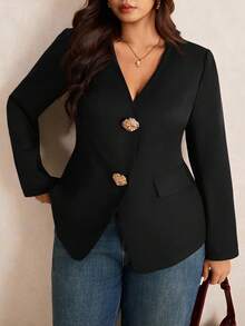 Elaquor Plus Size Women's Fashionable Elegant V-Neck Long Sleeve Blazer/ Winter - Black - View 5