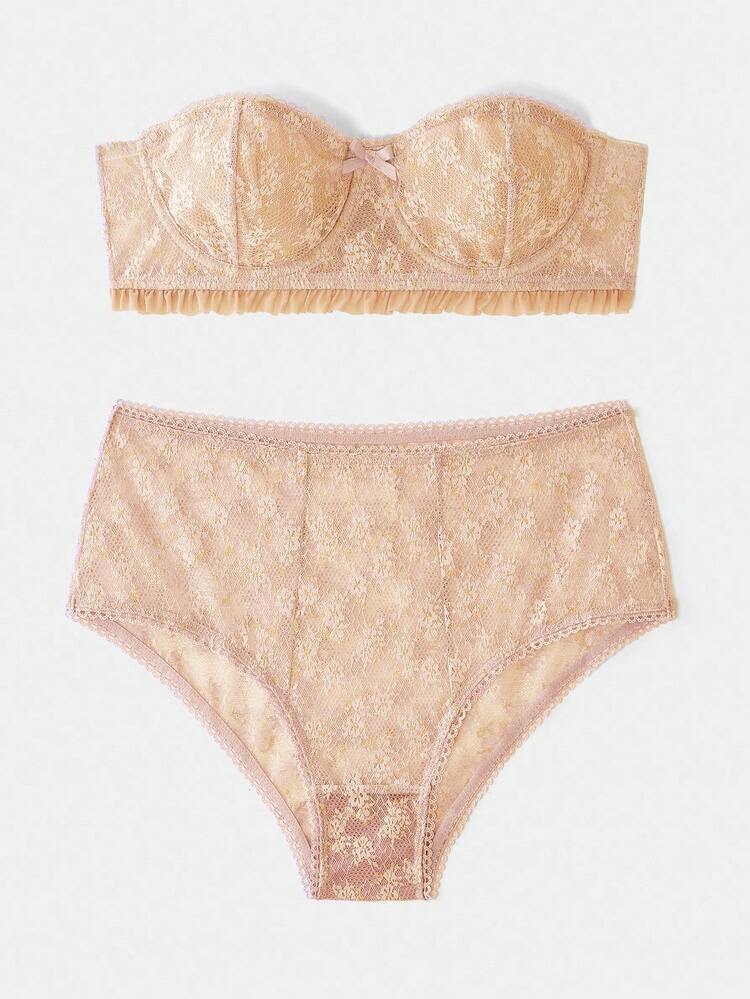 Cute Sexy Pink Lace Lingerie Set With Underwire Bra, Ruffle Trim And High-Waisted Briefs Lingerie Night Strapless Lingerie Panty And Bras Sets