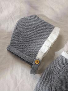 2pcs Baby/Toddler Grey Sweater Set - Long Sleeve Cardigan Jacket + Adorable Ruffled Hem & Cuff Beanie Hat