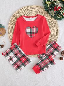Conjunto de ropa de estar en casa con blusa de manga larga roja y leggings a cuadros clásicos para niñas - Multicolor - Ver 1