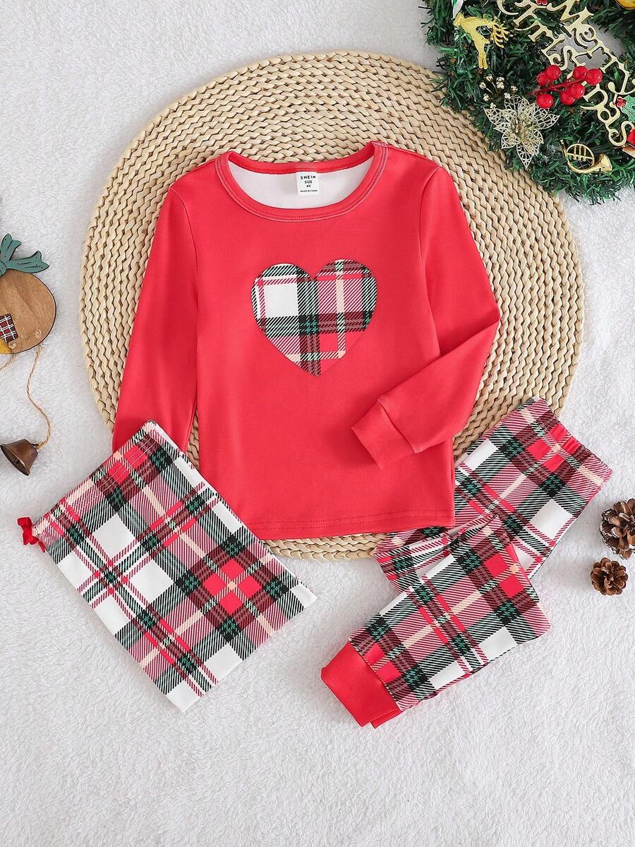 Conjunto de ropa de estar en casa con blusa de manga larga roja y leggings a cuadros clásicos para niñas - Multicolor - Ver 1