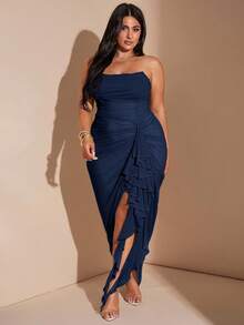 SHEIN BAE 大码女式春夏豌豆绿、绿色褶饰荷叶边下摆高开衩连衣裙、优雅度假沙滩裙、沙滩派对裙、夜间外出裙、生日裙、性感别致裙、网眼裙 - 藏蓝色 - 查看 3