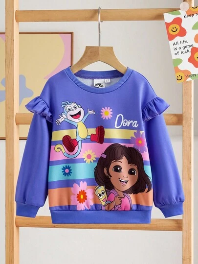 DORA | SHEIN Young Girl Cute Cartoon Monkey & Flower Print Round Neck Ruffle Trim Long Sleeve Casual Sports Outdoor Purple Sweatshirt