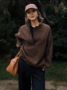 DAZY 纯色宽松抓绒翻领长袖休闲街头风女式卫衣，秋冬款 - 棕色 - 查看 5