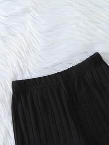 两件套少女休闲优雅斜领纯色针织长袖上衣和阔腿裤套装 - 黑色 - 查看 5