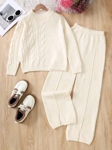 SHEIN Explorewe 青少年女孩针织纹理长袖毛衣和开衩裤休闲家居服套装 - 白色 - 查看 6