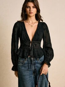 Poéselle 女士时尚性感花卉刺绣深V领上衣