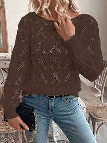 SHEIN LUNE Vacation Style Casual Hollow Floral Pattern Off Shoulder Loose Fit Pullover Sweater - Mocha Brown - View 6
