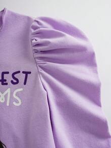 DORA | SHEIN Young Girl Cute Cartoon Letter Graphic Lettuce Trim Round Neck Gigot Long Sleeve Knit Comfortable Purple T-Shirt - Purple - View 7