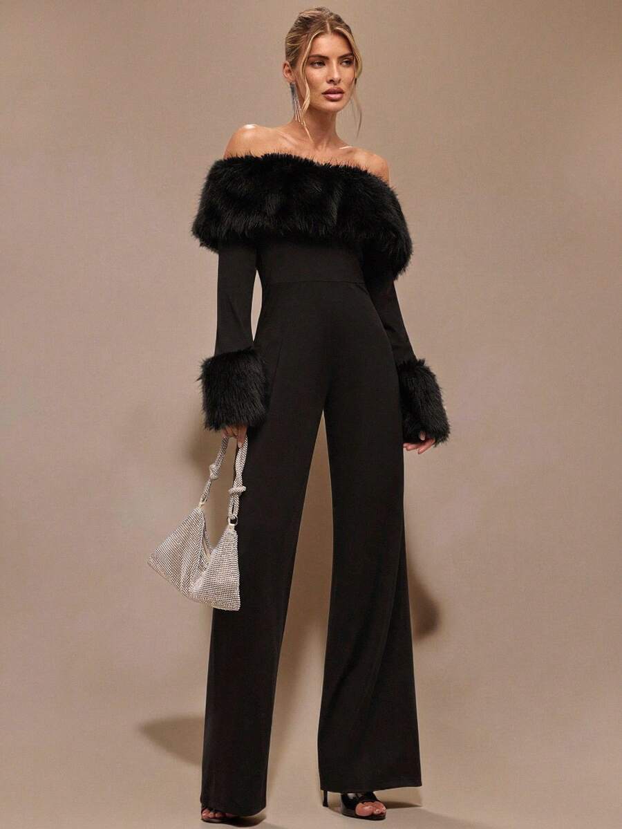 SHEIN BAE 黑色露肩毛绒连体裤，紧身长袖毛衣连体裤，保暖内衬厚秋冬连体裤，适合鸡尾酒会、浪漫约会、分层穿着、聚会、派对、正式活动、万圣节、圣诞节 - 黑色 - 查看 1