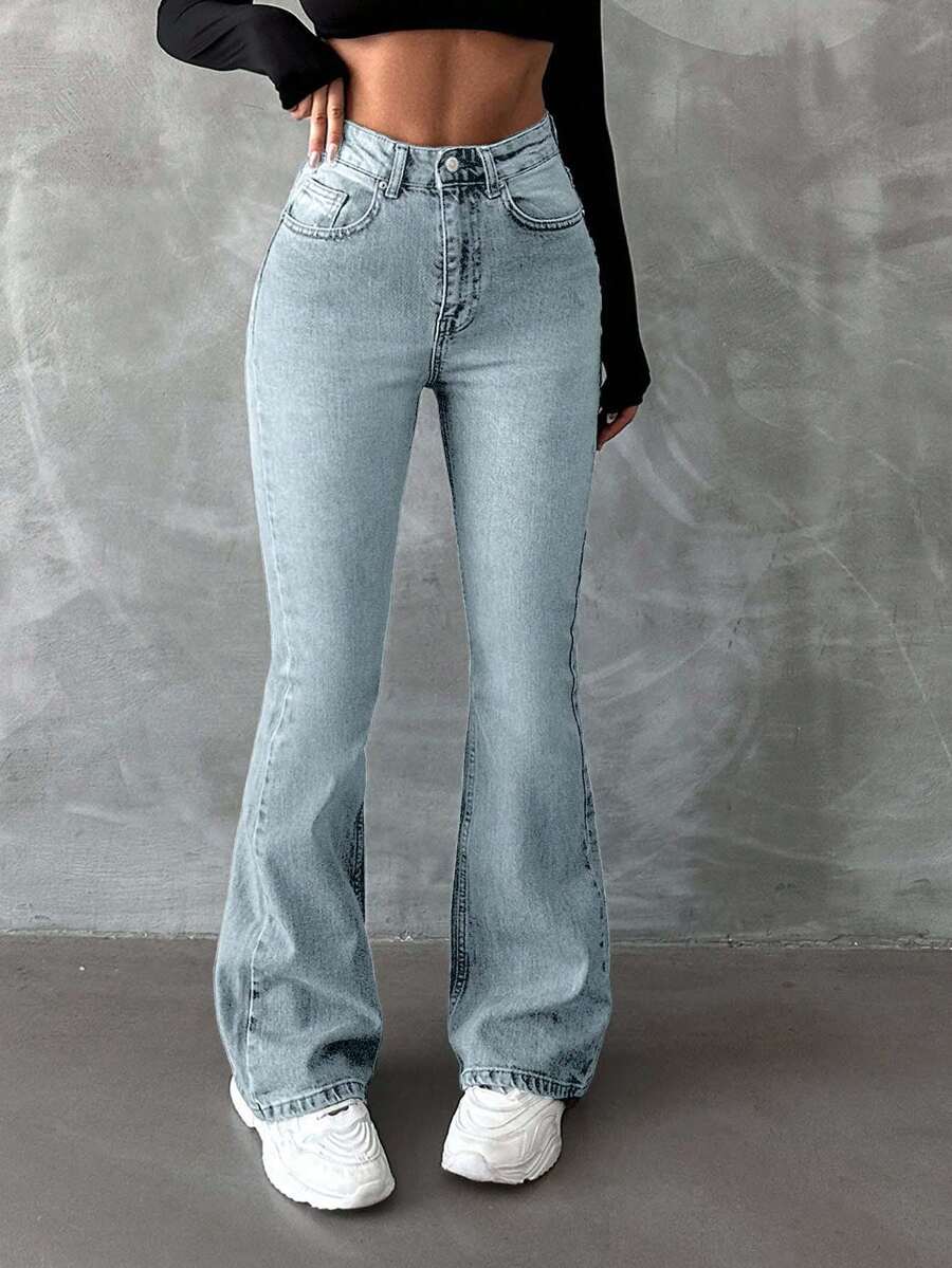 EURMUSE 98%Cotton Washed Flared Jeans With Slanted Pockets - Baby Blue - View 1