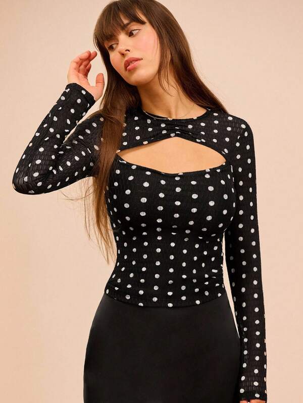 lacRébo ملابس علوية طويلة الأكمام مطبوعة بنقاط مع فتحة في الرقبة، ملابس نسائية للخريف والشتاء