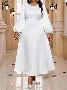 Fleurora 秋冬优雅端庄派对婚礼鸡尾酒会音乐会/音乐节办公室白色梭织缎面圆领喇叭袖中长袖加大码连衣裙 - 白色 - 查看 3