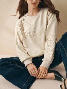 INAWLY 女士优雅花卉亮片刺绣超大圆领长袖运动衫 - 杏色 - 查看 6
