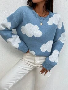 SHEIN MOOSTA 云朵图案宽松套头衫 - 藍色 - 查看 5