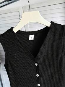 SHEIN Tween Girl Casual Solid Khaki Ribbed Knit Top Cute Black Tops Girls Tops Black Top For Kids Girl Front Open Black Top