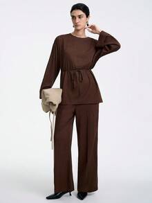 Aalyst 2 Stücke Damen Bluse aus Bambusfaser mit abnehmbarem Schal-Kragen und Fledermausärmeln, Taillenschleife und gerade geschnittene Lässig Hose, elegante Büro-/Lässig Kleidung, Vintage-/Minimalistische Optik, geeignet für Thanksgiving, Nachmittagstee, Partys, Schulbeginn, Frühling/Herbst - Kaffeebraun - Übersicht 5