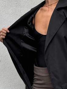 SHEIN BAE Women's Fashionable Retro Minimalist Solid Color Lapel Collar Belted 2 In 1 Trench Coat Autumn Winter Clothes For Women - Black - View 8