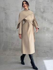 Firerie 女士时尚都市时尚新款卡其色风衣，配腰带，通勤休闲两相宜，秋冬 - 卡其色 - 查看 4