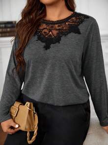 SHEIN Frenchy 撞色蕾丝长袖宽松时尚百搭大码T恤 - 深灰色 - 查看 1