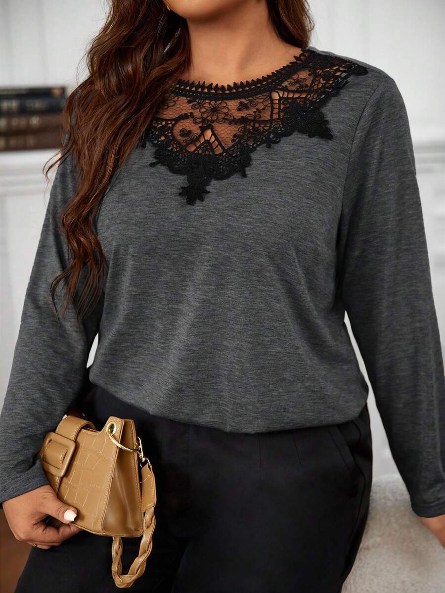 SHEIN Frenchy 撞色蕾丝长袖宽松时尚百搭大码T恤 - 深灰色 - 查看 1