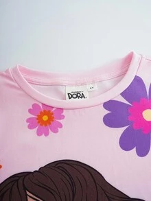 DORA | SHEIN Young Girl Casual Cartoon Dora, Monkey, Flower Graphic Print Round Neck Long Sleeve Knit Pink T-Shirt - Pink - View 6