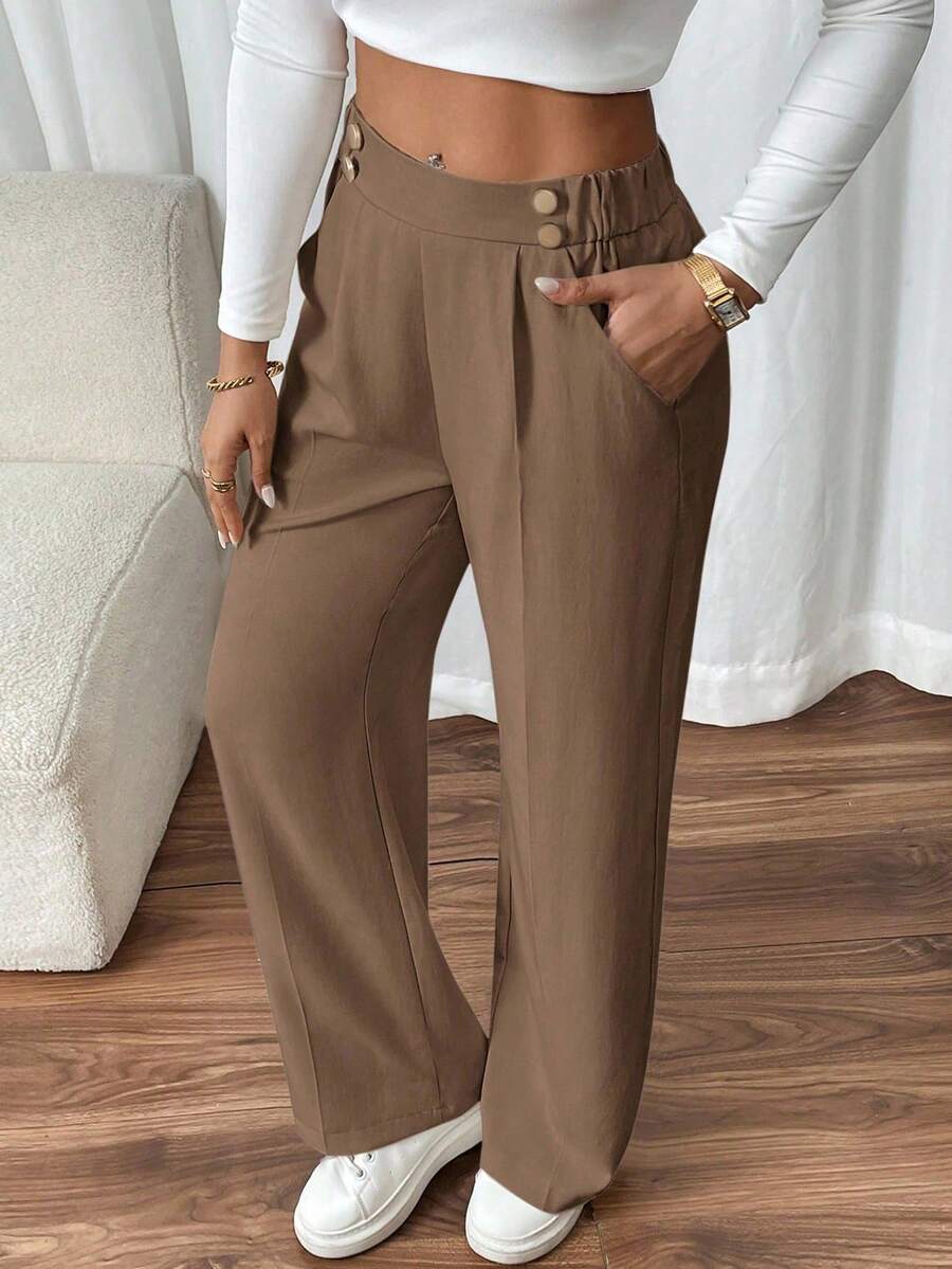 SHEIN Frenchy Women's Double-Button Straight Leg Elegant Office Pants Winter Brown Casual Spring - Brown - View 1