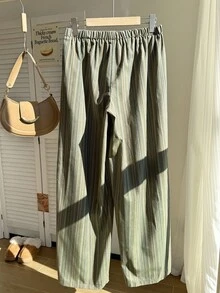 Comfortcana Cotton Linen Textured Striped Drawstring Waist Comfortable Casual Plus Size Pants - Green - View 2