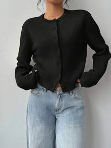SHEIN Tall CURVE 大码休闲纯色圆领长袖宽松短款女式毛衣开衫秋冬女装 - 黑色 - 查看 3