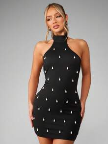 MISSGUIDED Elegant Pearl Embellished High Neck Mini Dress Backless Bodycon Club Party Evening Wedding Guest Pearl Detail Night Out Occasion Wear - Black - View 1