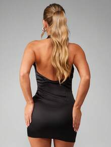 MISSGUIDED Elegant Halter Neck Mini Bodycon Dress Form Fitting Party Evening Club Night Out Satin Feel - Black - View 2
