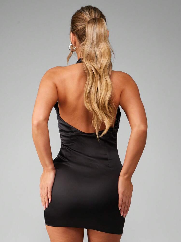 MISSGUIDED Elegant Halter Neck Mini Bodycon Dress Form Fitting Party Evening Club Night Out Satin Feel