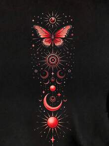 SHEIN Essnce Áo thun dài tay hở vai in hình bướm, mặt trăng và mặt trời dành cho nữ, phù hợp cho mùa thu/đông - màu đen - Xem 3