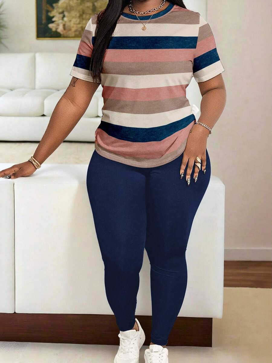 Maweii Plus Size Striped T-Shirt And Leggings 2 Pieces Set, Slimming Fashion Plus Size Printed 2 Pieces Outfit - Multicolor - View 1